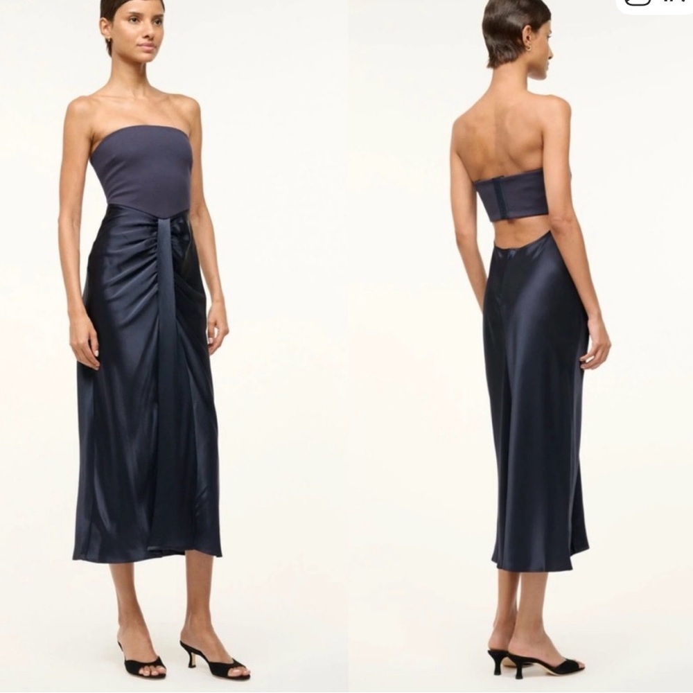 STAUD Navy Strapless Midi Dress